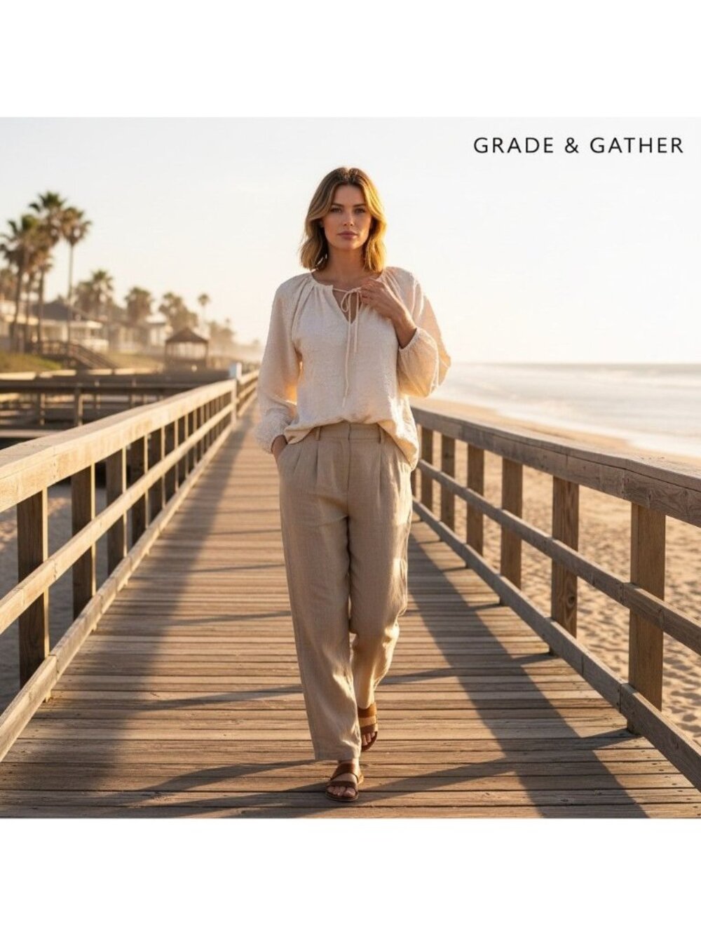 Grade & Gather Textured Ecru Blouse w/Velvety Tie Neck & Balloon Sleeves Size S